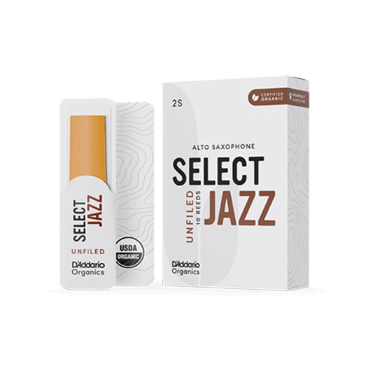 D'Addario Select Jazz Unfiled Alto Sax Reed (Left to Right: Reed in Sleeve, Box)