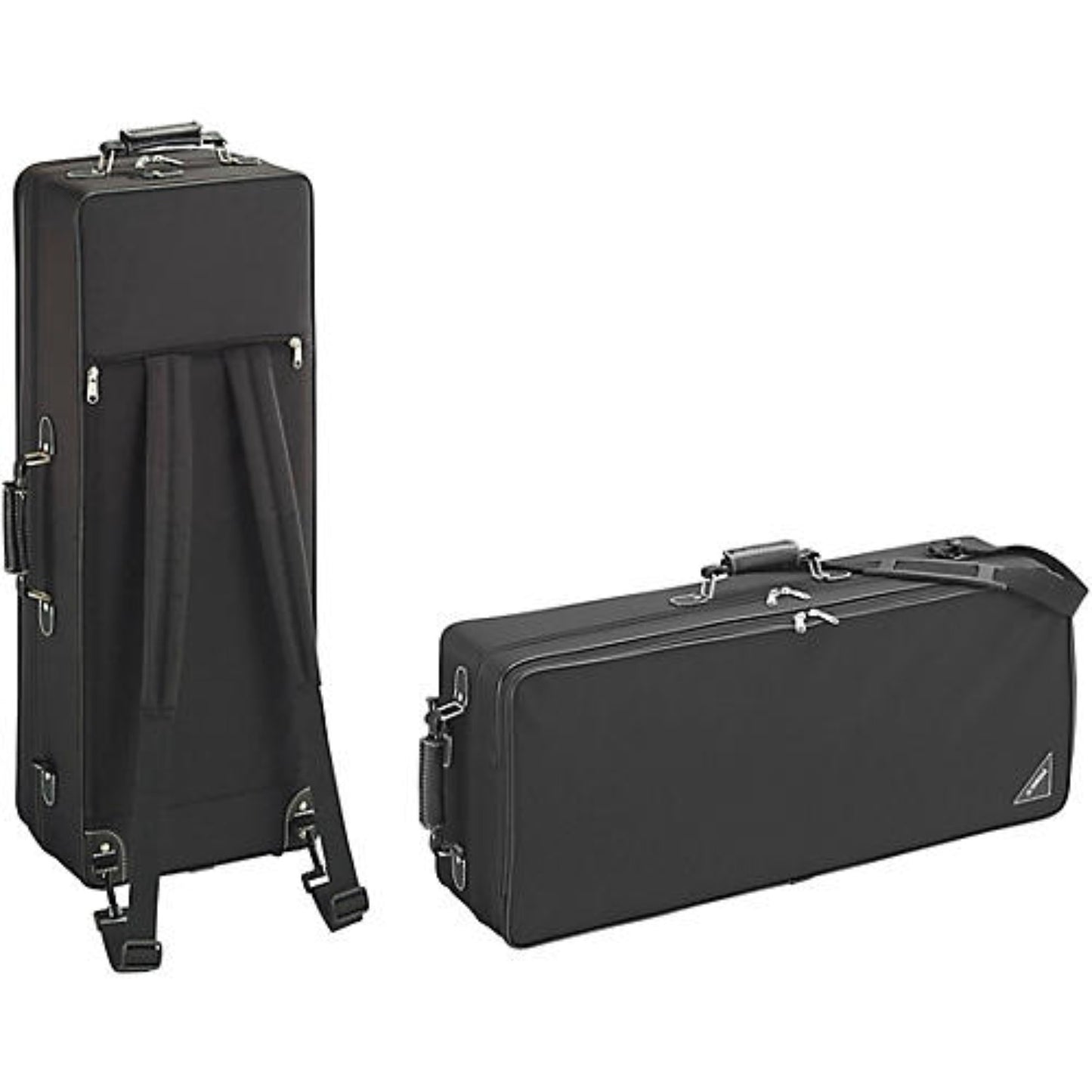 front and back view of black-covered Yamaha backpack alto sax cases on white background