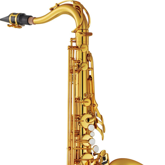 closeup of upper half of Yamaha 62 tenor saxophone (gold lacquer)