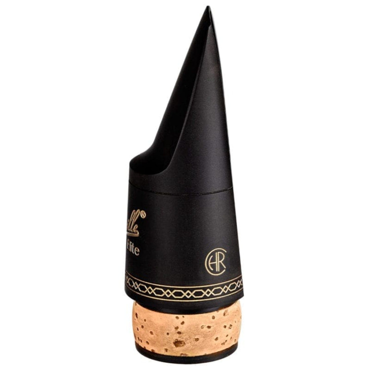 left side view of Chedeville Elite bass clarinet mouthpiece showing portion of front engraving, gold border around the bottom, and CHR logo