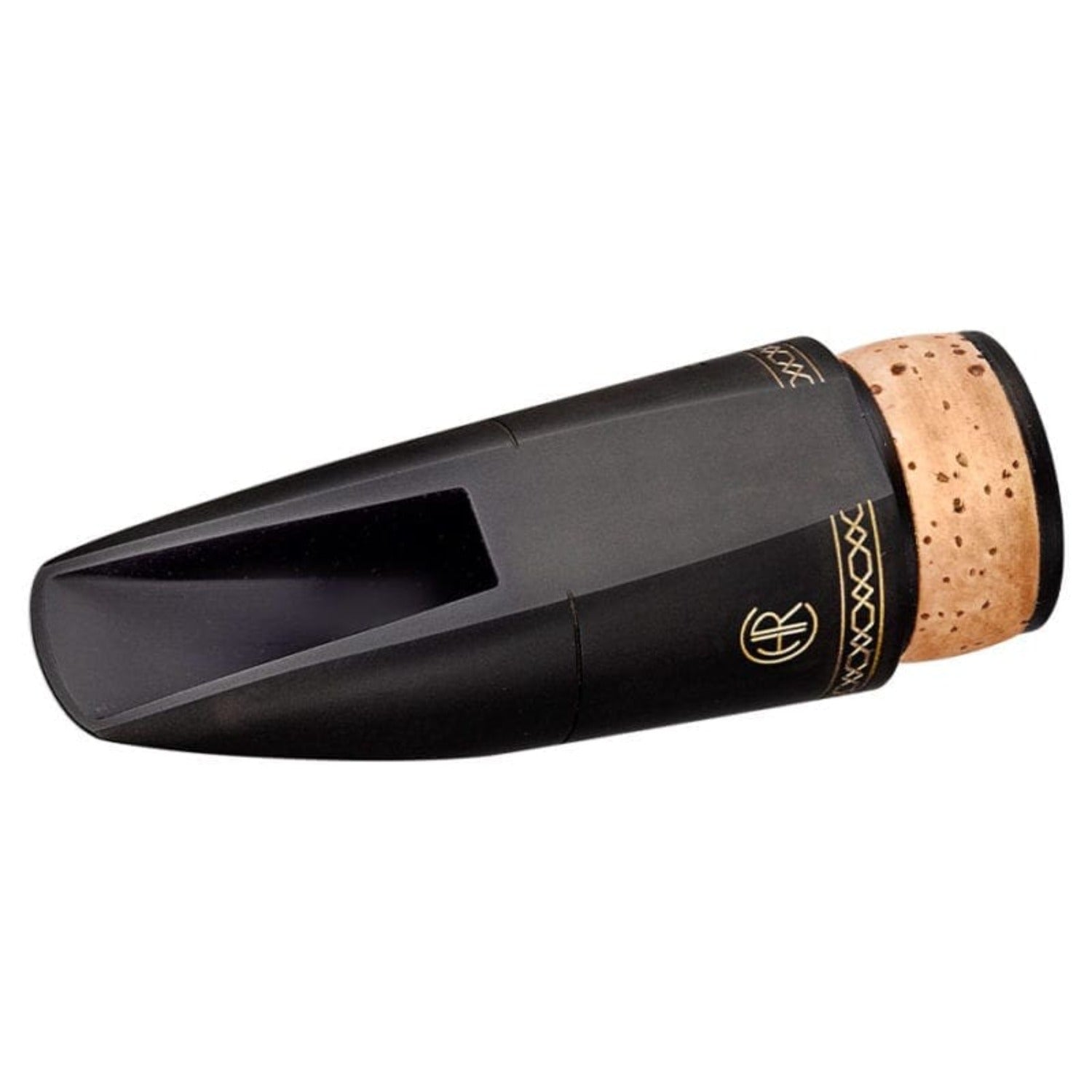 rear view of Chedeville bass clarinet mouthpiece showing table and window, with engraved gold border around the bottom and CHR logo