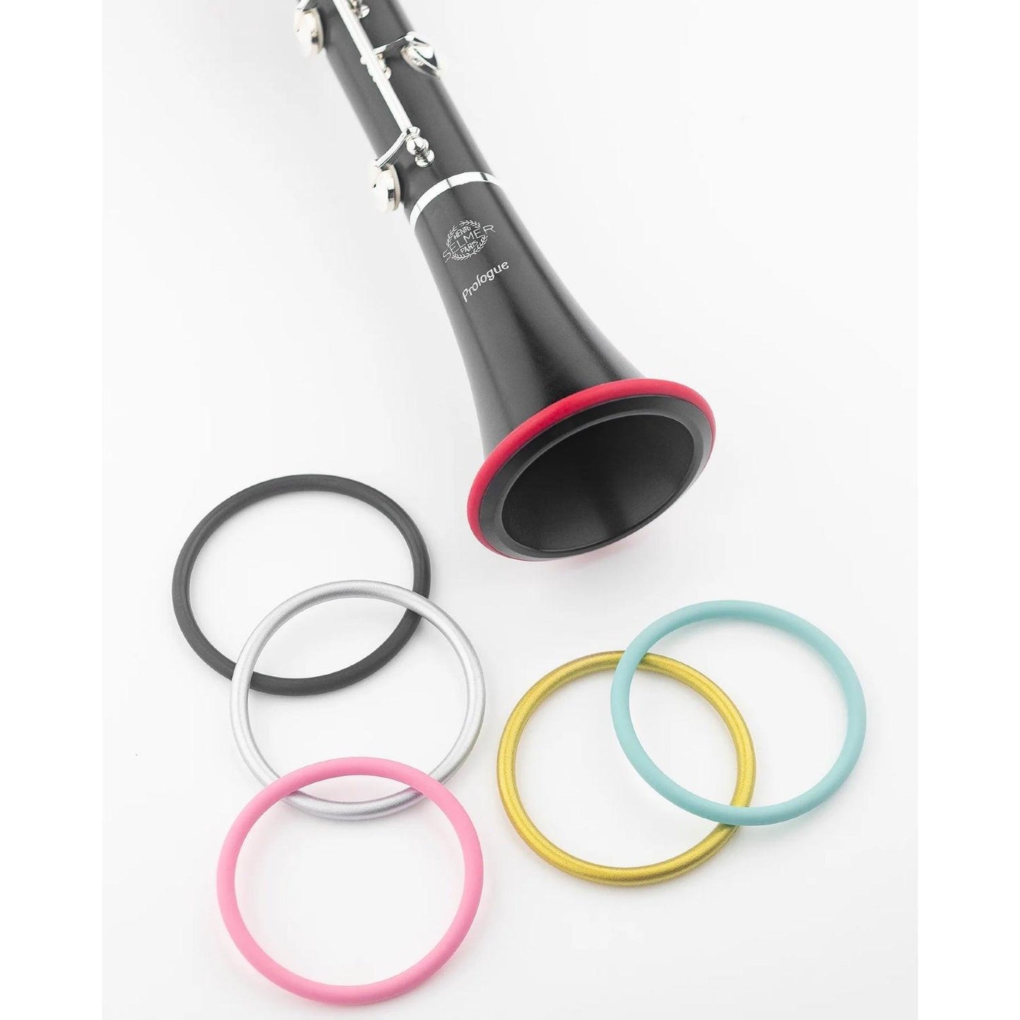 Closeup of Selmer Prologue bell showing interchangeable colored rings