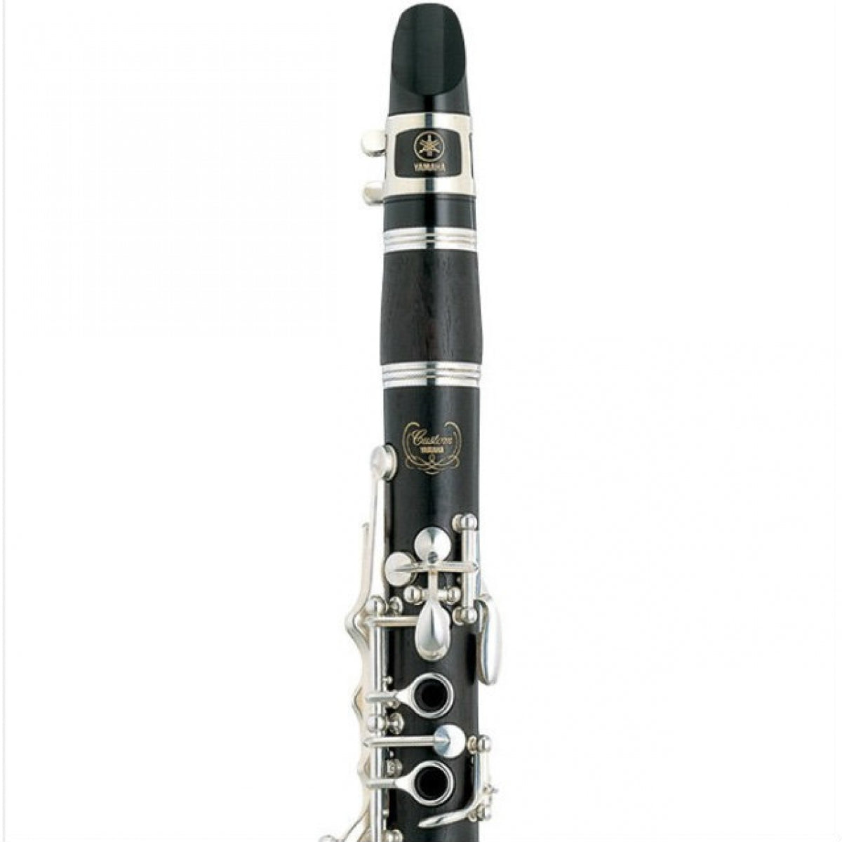 Closeup of upper half of Yamaha 881 Eb clarinet, showing Custom logo engraving