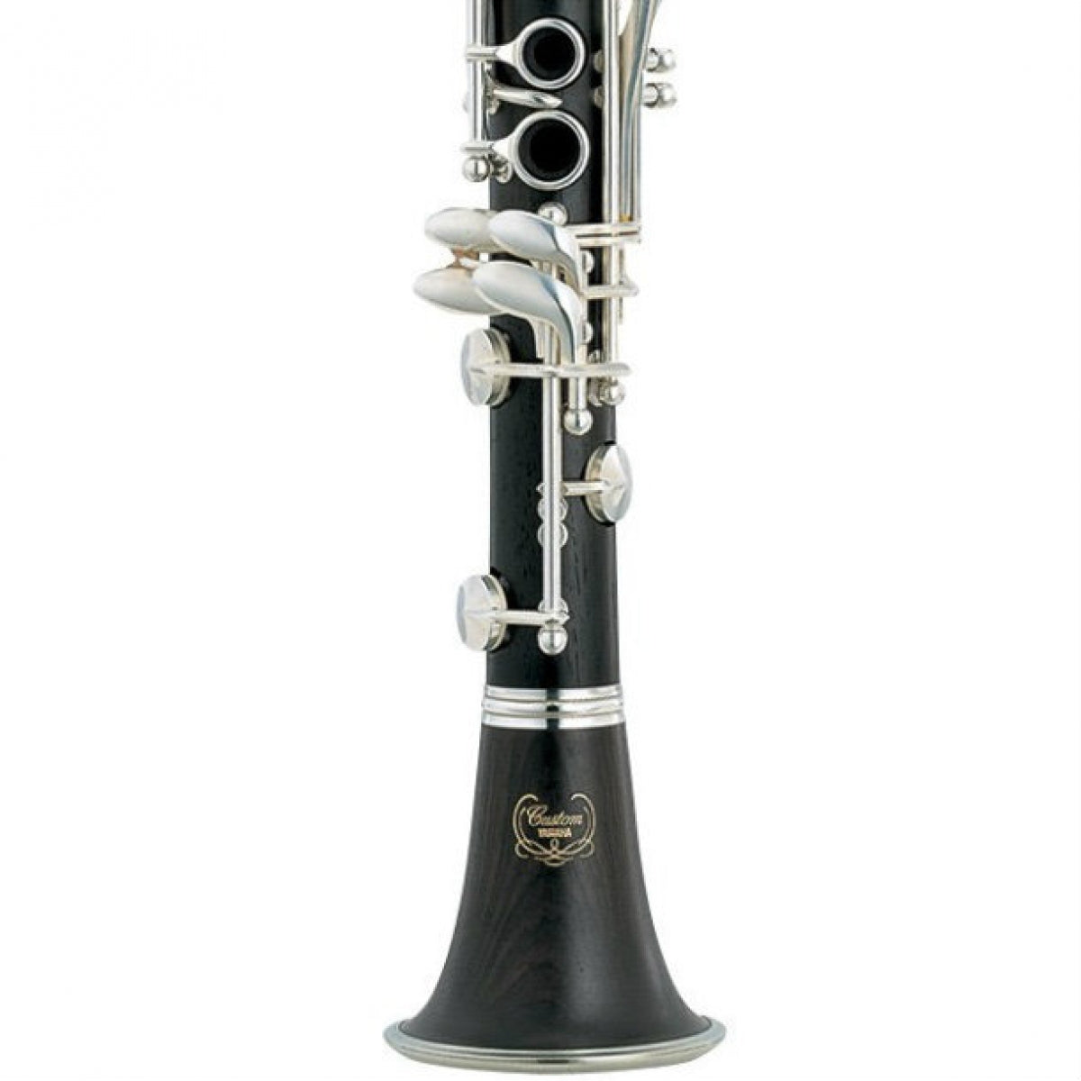closeup of lower half of Yamaha 881 Eb clarinet, showing Custom logo engraving on the bell