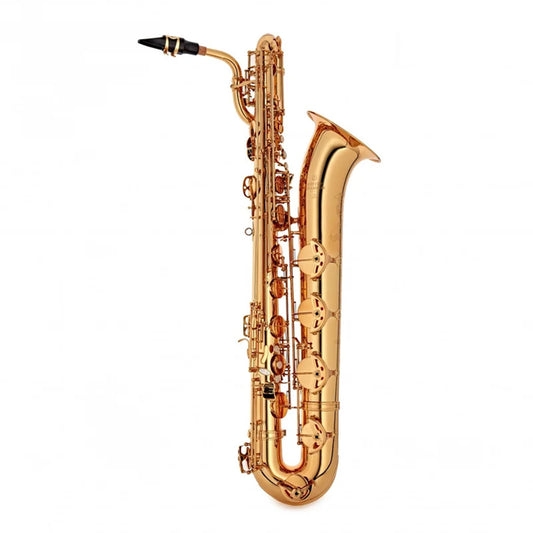 full view of right hand side of Buffet 400 Series baritone saxophone in lacquer