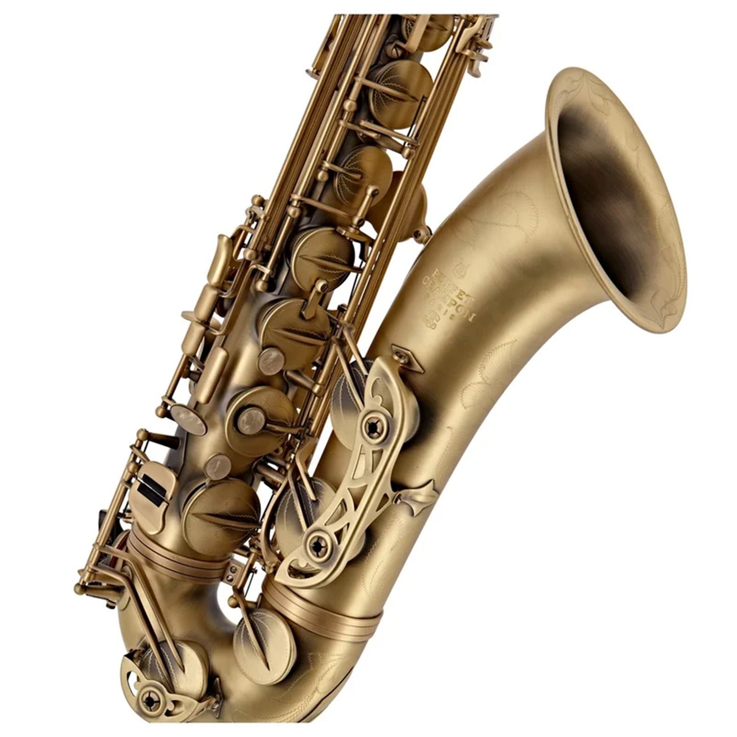 lower half right side view of Buffet 400 tenor saxophone in matte finish, showing right hand keys and bell logo