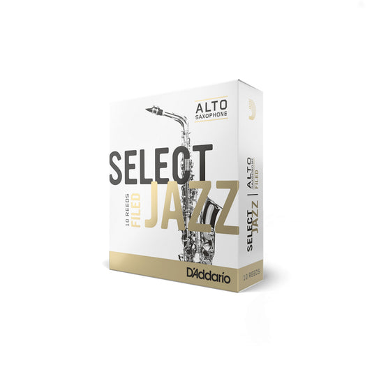 Angled front view of a box of D'Addario Select Jazz Filed Alto Sax reeds