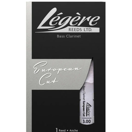 Legere Euro Cut bass clarinet reed in black and silver packaging, against white background