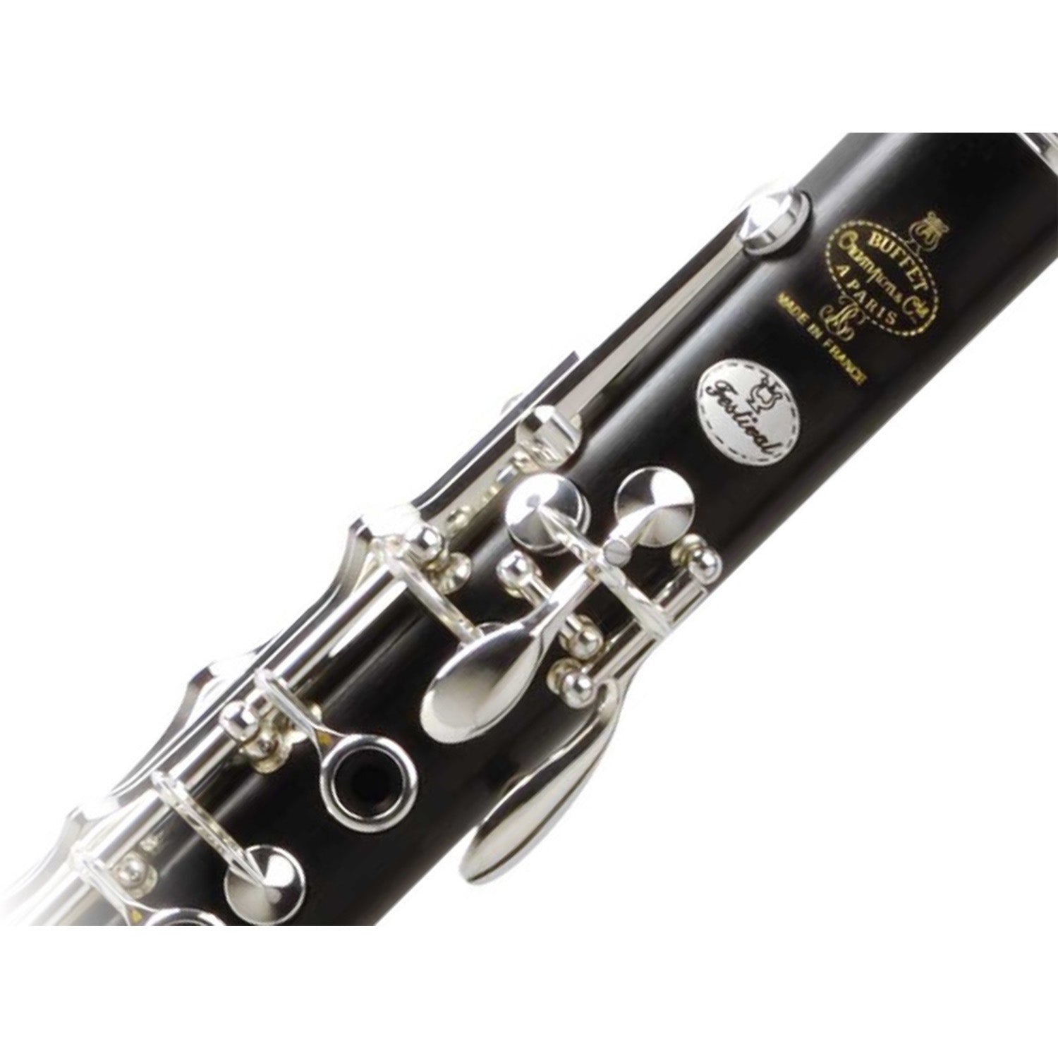 Closeup showing round silver Festival badge and Buffet logo on upper joint