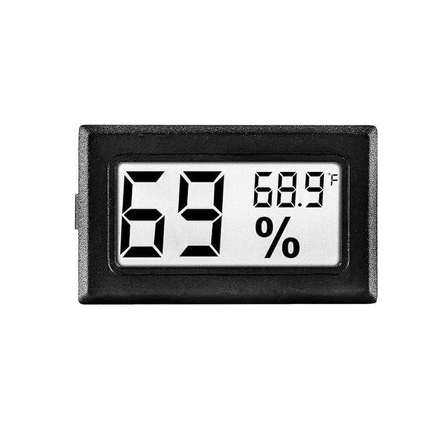 photo of a black hygrometer reading 69% at 68.9 degrees F, against a white background