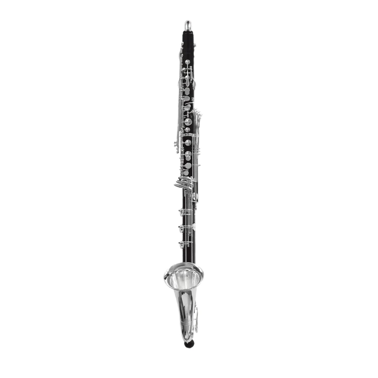 full length frontal shot of the entire bass clarinet assembled, against a white background