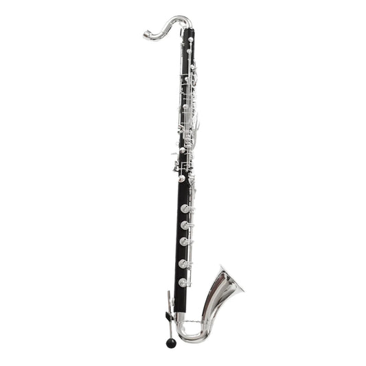 right side shot of fully assembled bass clarinet, on white background