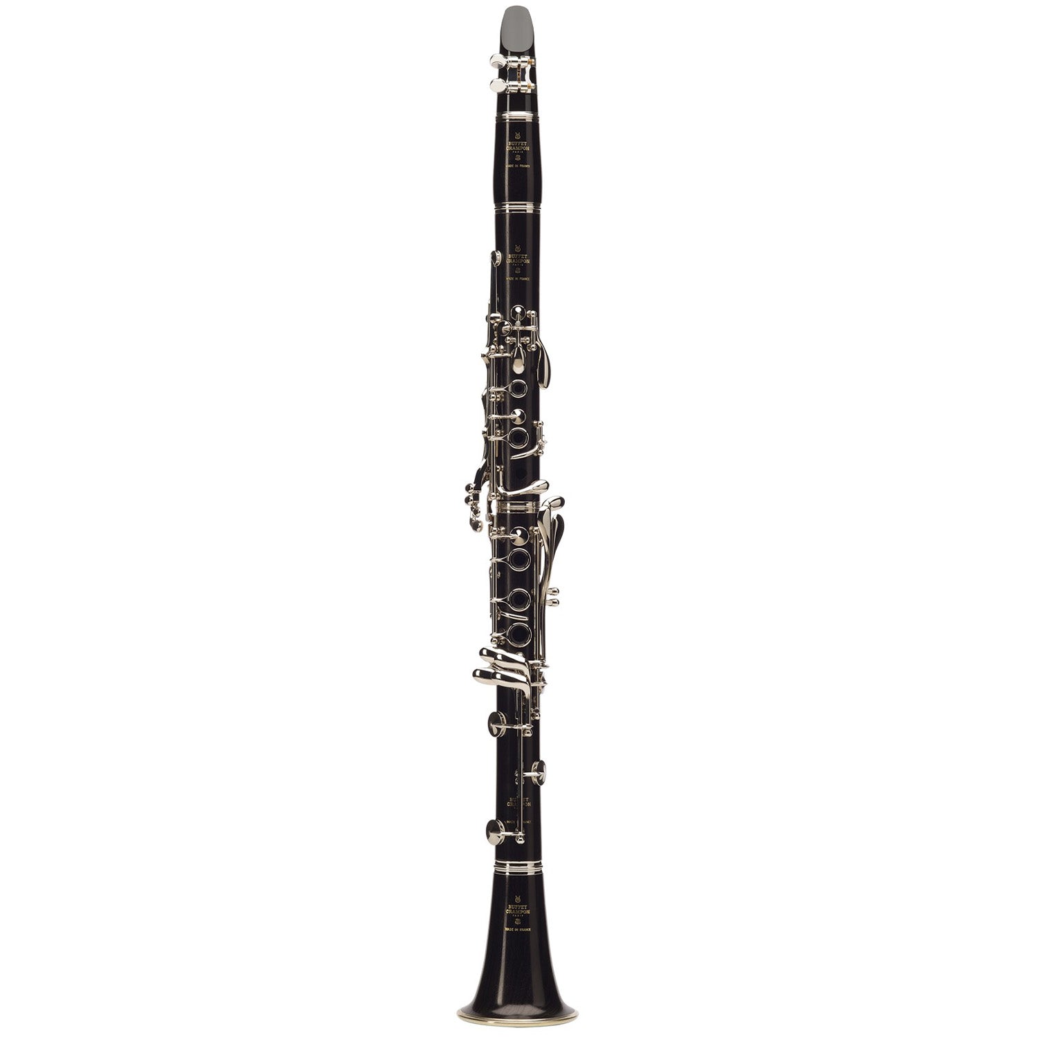 full length photo of Buffet R13 Bb clarinet with silver plated keys