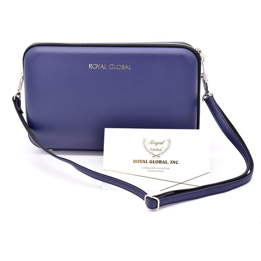 Blue Royal Global clarinet case on a white background, with Royal Global brand card in front