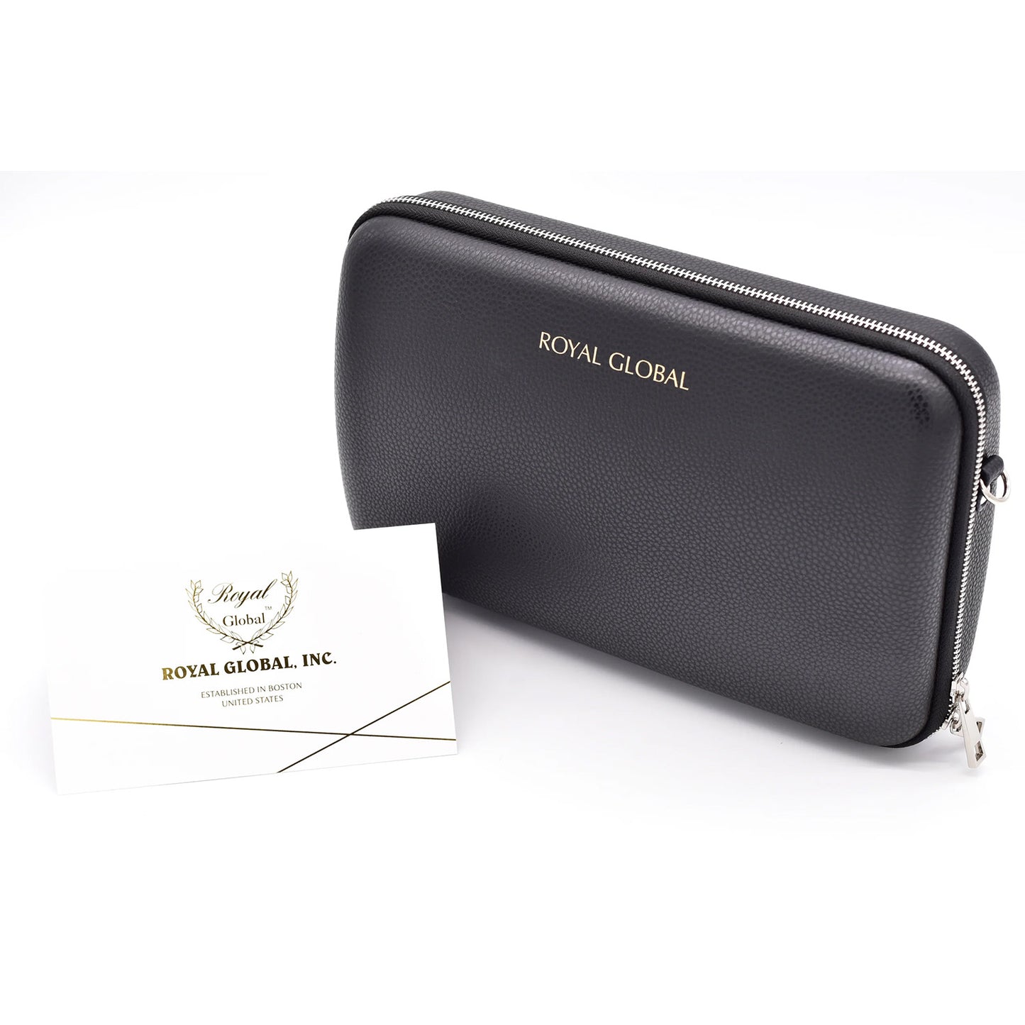 Black Royal Global clarinet case on a white background, with Royal Global brand card in front