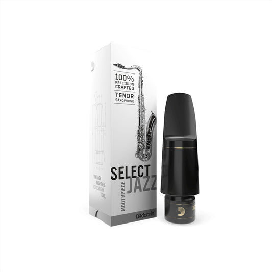 Frontal photo of D'addario Select Jazz Tenor Sax mouthpiece next to its box on a white background