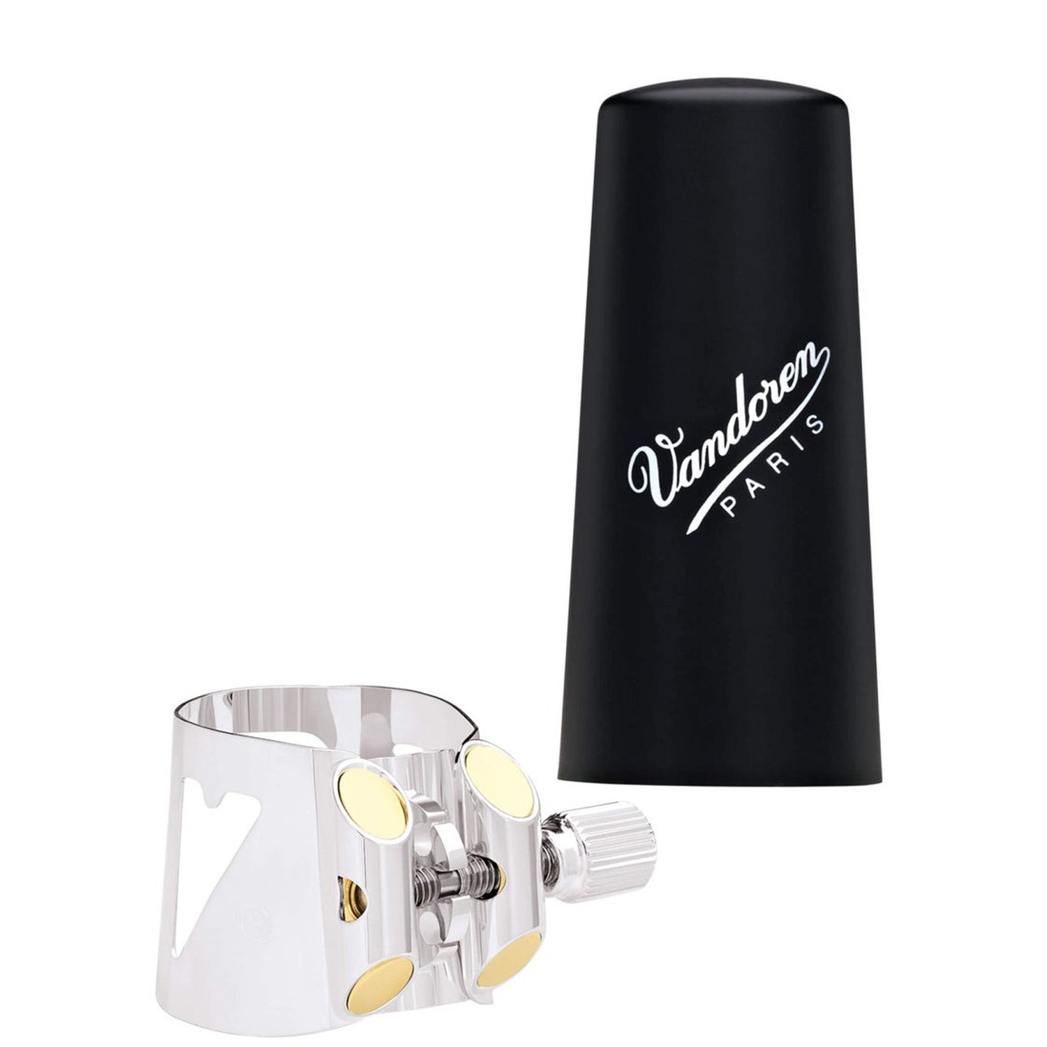 Vandoren Optimum bass clarinet ligature in silver, with cap, against white background