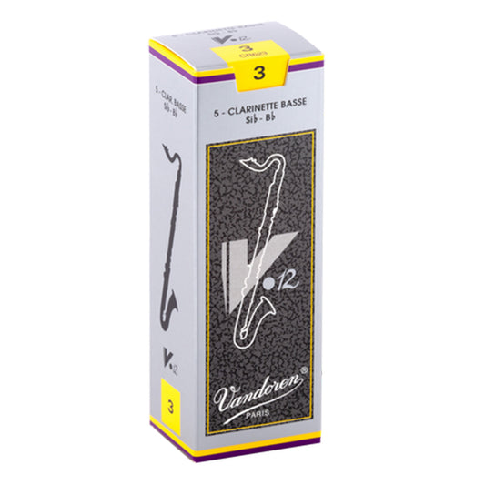 Box of 5 Vandoren V12 bass clarinet reeds against white background