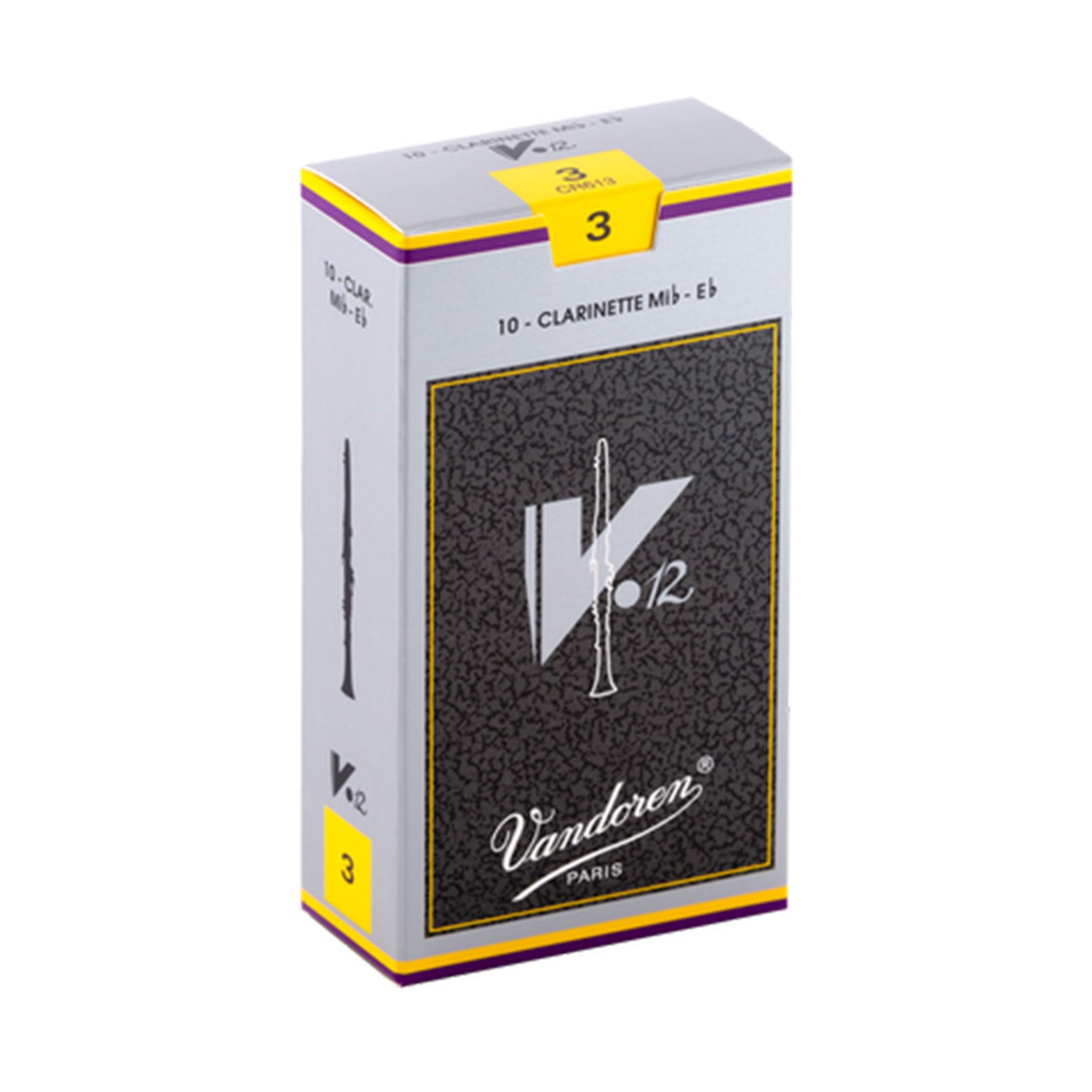 Box of Vandoren V12 Eb clarinet reeds against a white background