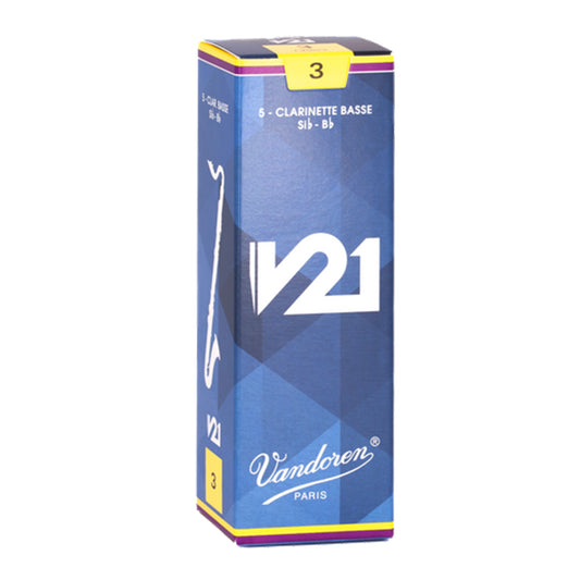 Vandoren V21 bass clarinet reeds in light blue box against white background