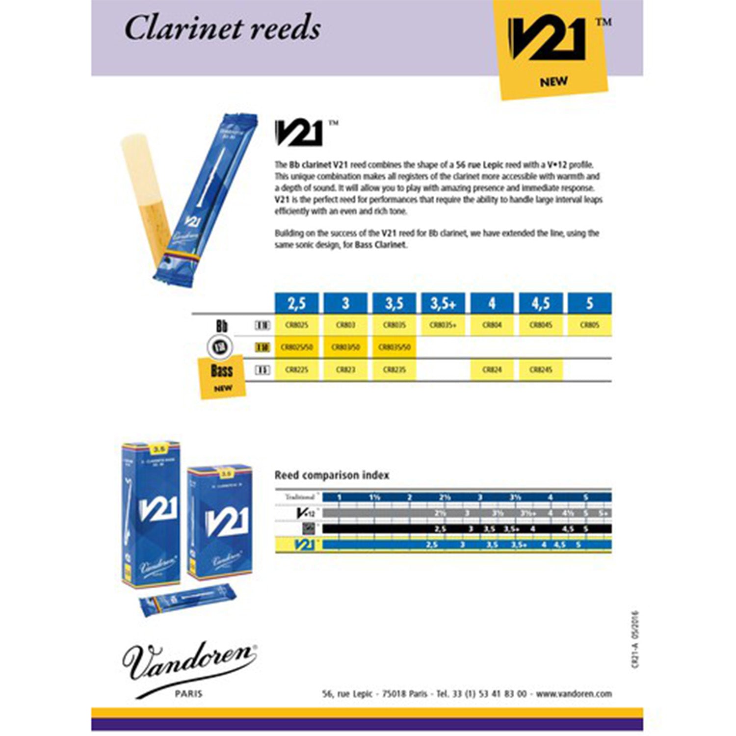 Vandoren V21 reed info sheet