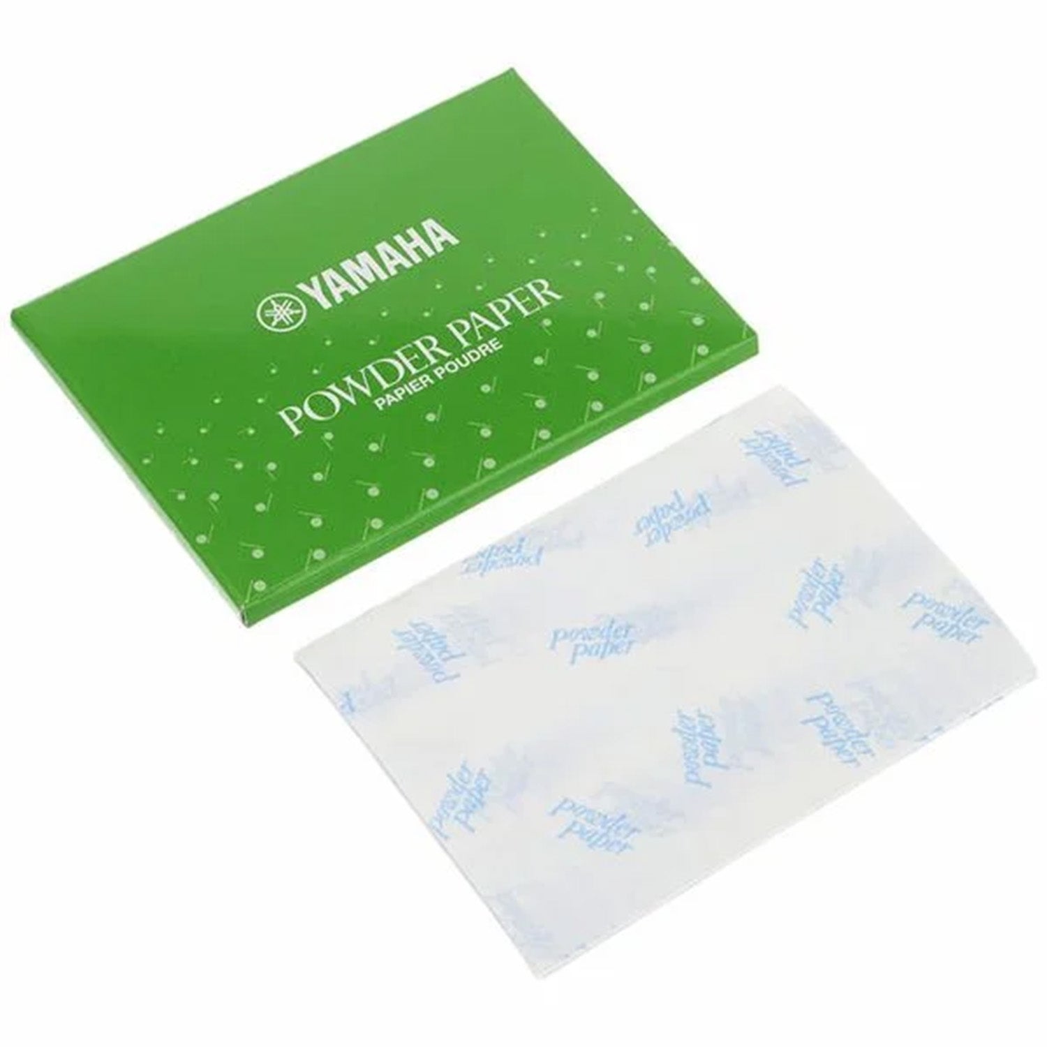 light green Yamaha powder paper package with a sample paper laid out next to it, on a white background